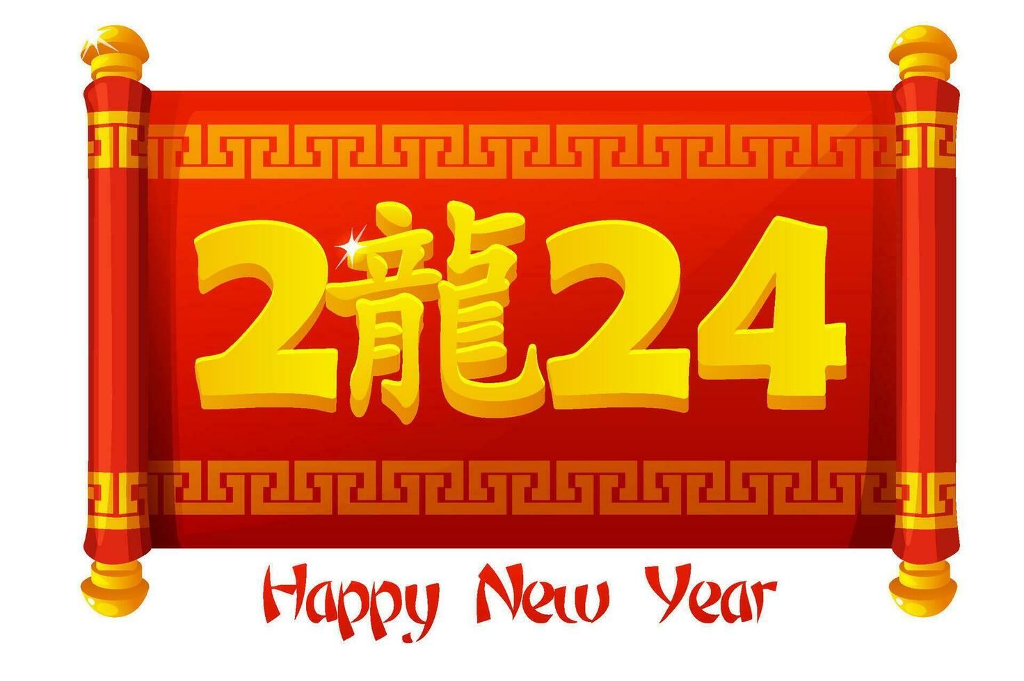 Red scroll with Chinese character Dragon on white background. Happy New Year 2024. vector