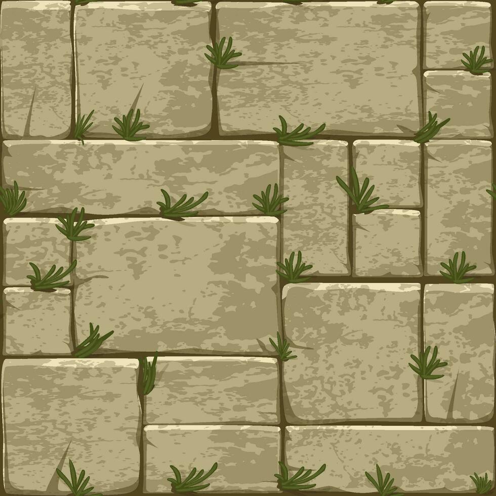 Cartoon stone pavement seamless pattern, brick wall texture, cracked rock paver on grass. Stone pavement design vector