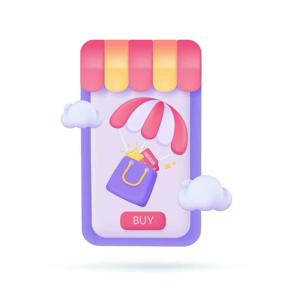 móvil Los telefonos con toldos oferta clientes especial descuentos en línea tienda concepto. 3d ilustración. vector