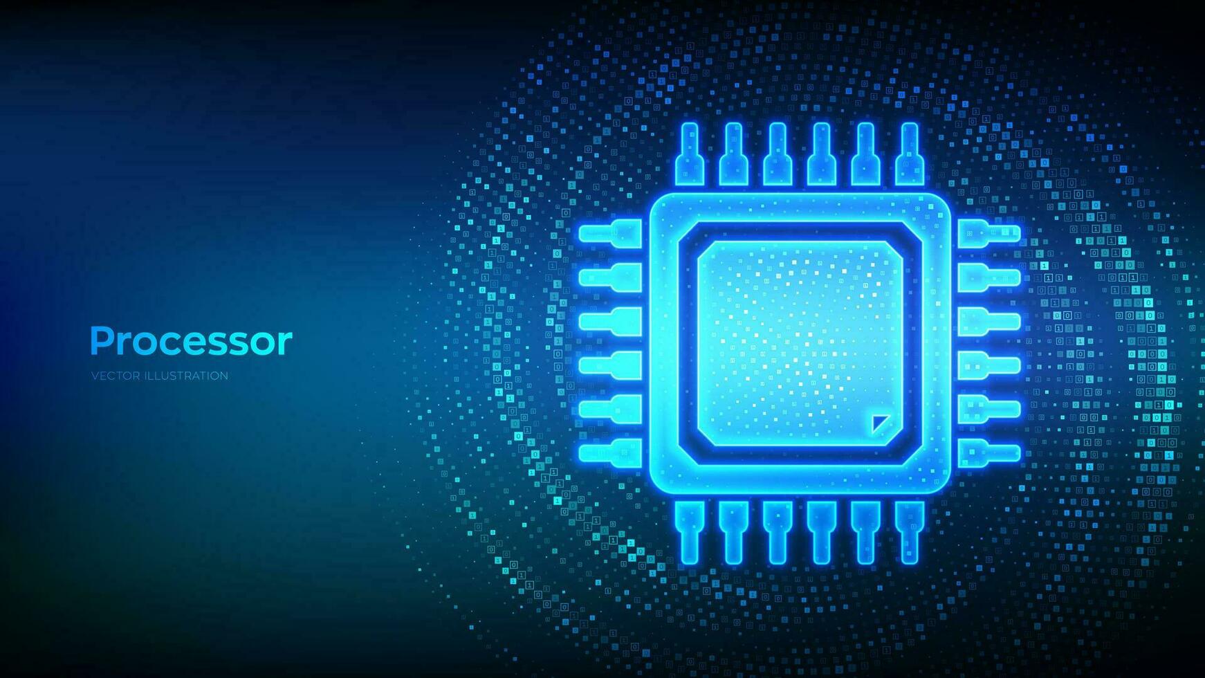 procesador. UPC microprocesador o chip icono hecho con binario código. computadora chip. ai conjunto de chips virtual túnel deformación hecho con digital código. datos fluir. vector ilustración.