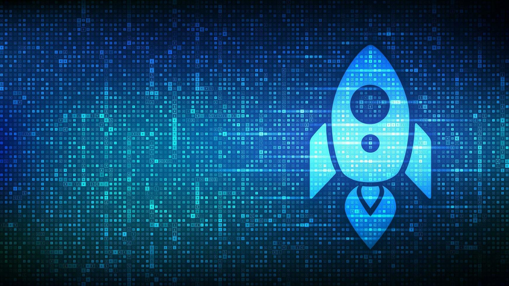 Startup icon made with currency symbols. Startup technology concept. Digital marketing. Software development. Dollar, euro, yen and pound icons. Background with currency signs. Vector illustration.