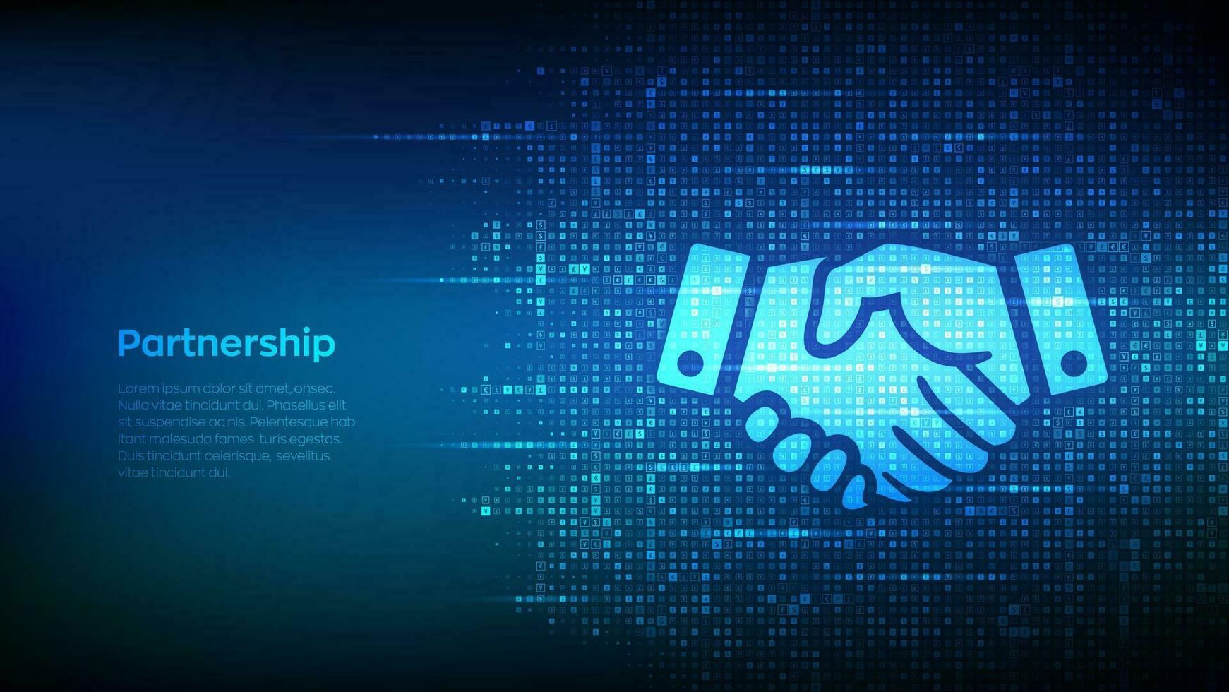Handshake icon made with currency symbols. Business partnership sign. Teamwork, cooperation and communication. Dollar, euro, yen and pound icons. Background with currency signs. Vector illustration.