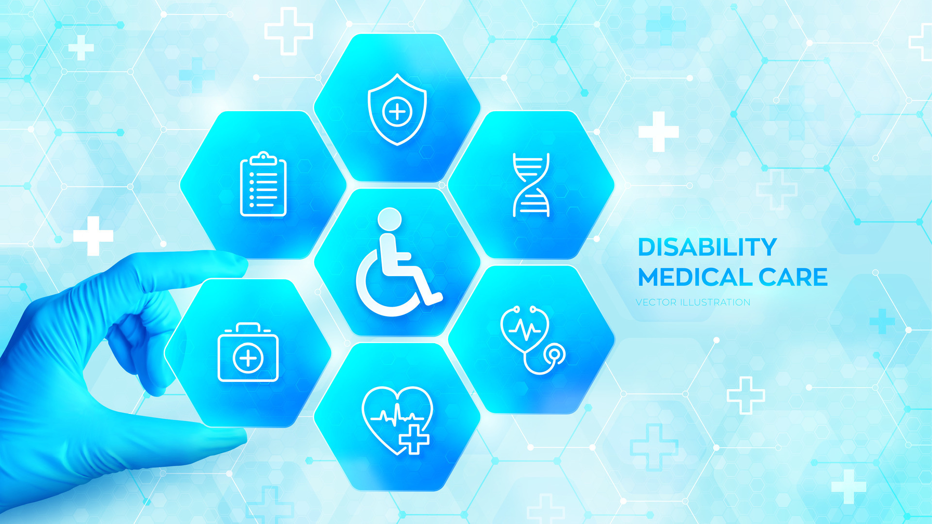 Disability Medical Care Hand In Blue Glove Places An Element Into A Disability Medical Care Hand In Blue Glove Places An Element Into A