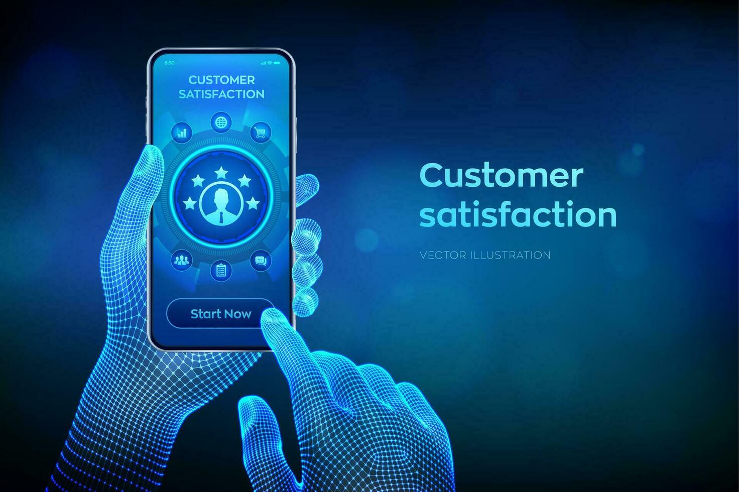 Customer satisfaction. Customer survey and feedback analytics. Using AI and automation technology in marketing for customer service. Closeup smartphone in wireframe hands. Vector illustration.