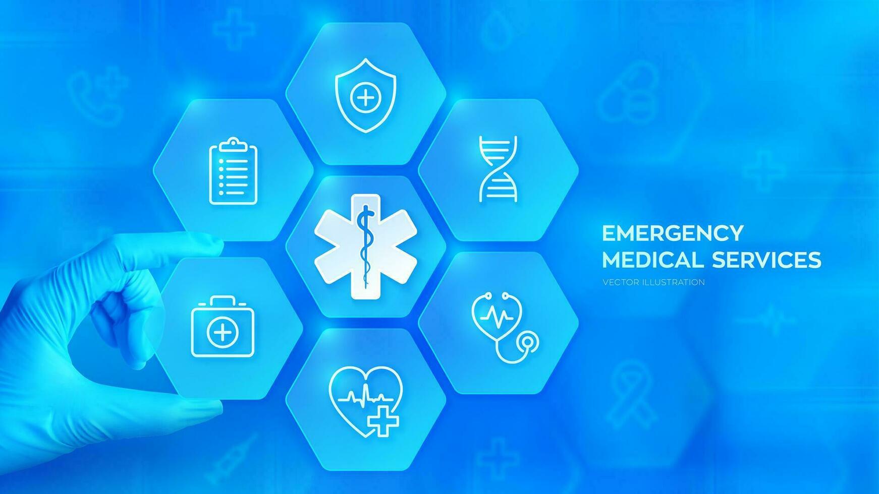 Emergency medical services. Emergency call. Online medical support. Hand in blue glove places an element into a composition with medical icons visualizing emergency services. Vector illustration.