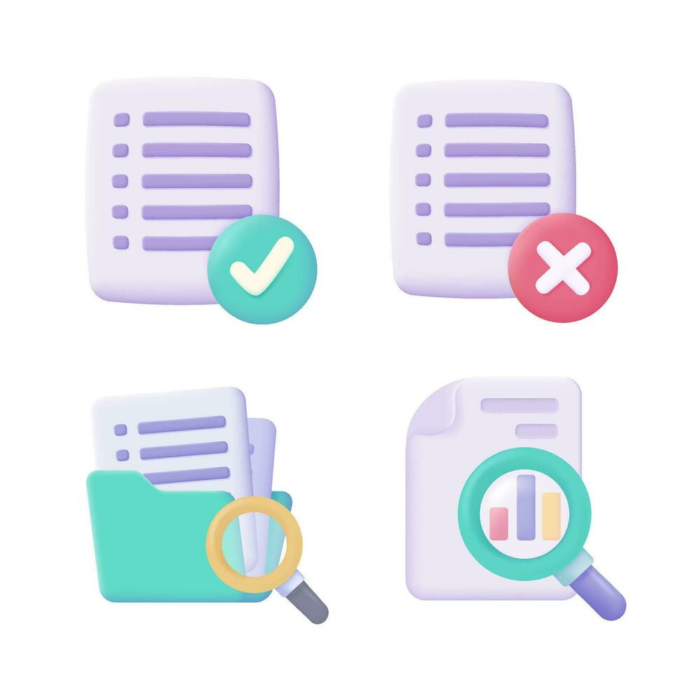 Magnifying glass to examine documents. File search. 3d vector illustration.