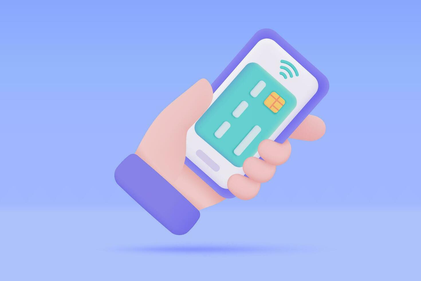 mano participación un teléfono. en línea pago por crédito tarjeta sin efectivo sociedad escanear qr código a pagar en línea. 3d ilustración. vector