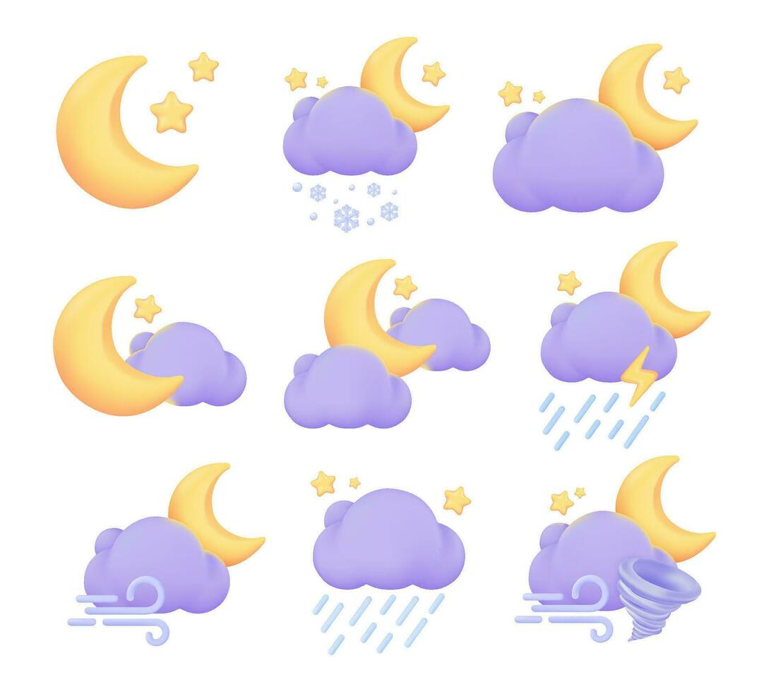 Weather forecast icon. Night clouds with crescent moon and stars on a rainy night. 3d vector illustration