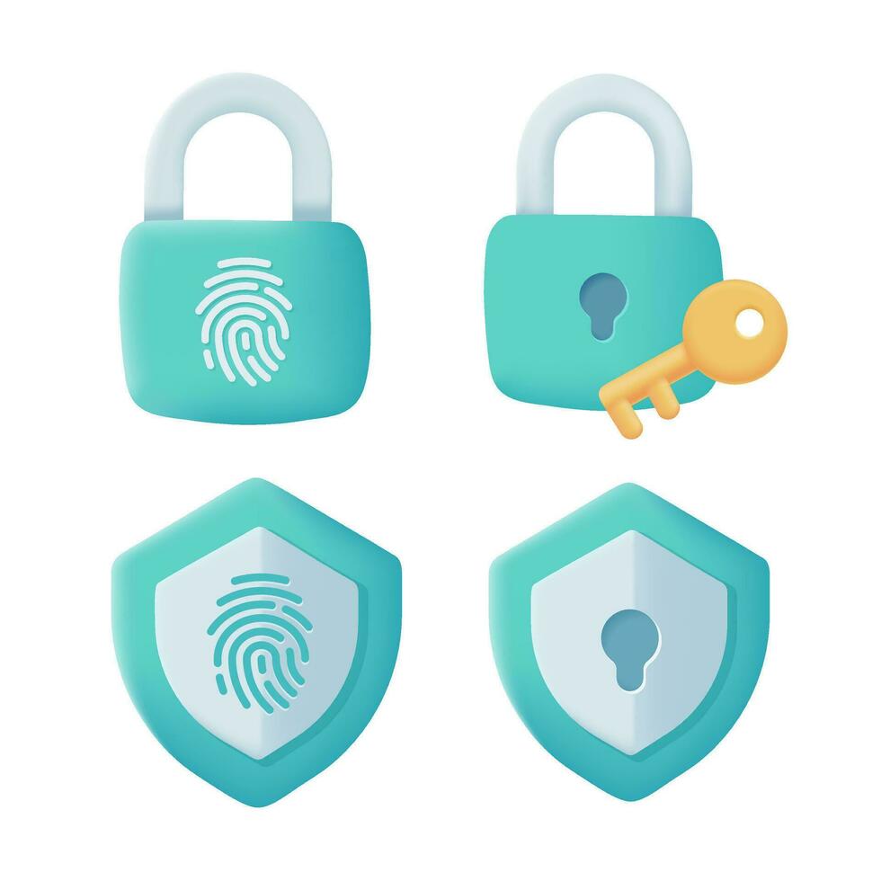 padlock and fingerprint shield Cybercrime prevention concept 3d vector illustration