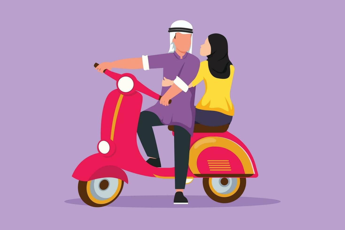 personaje plano dibujo árabe Pareja con scooter antiguo, pre boda. contento hombre y linda mujer con motocicleta, amoroso relación. romántico la carretera viaje, viaje. dibujos animados diseño vector ilustración