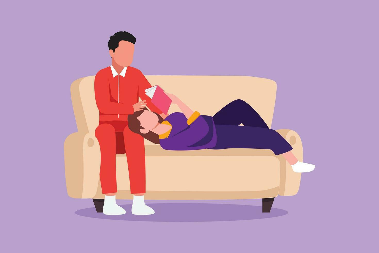 personaje plano dibujo romántico Pareja sentado juntos en sofá es tomando relajante descanso. relajado hombre y linda mujer acostado en sofá y leyendo libro en salón habitación. dibujos animados diseño vector ilustración