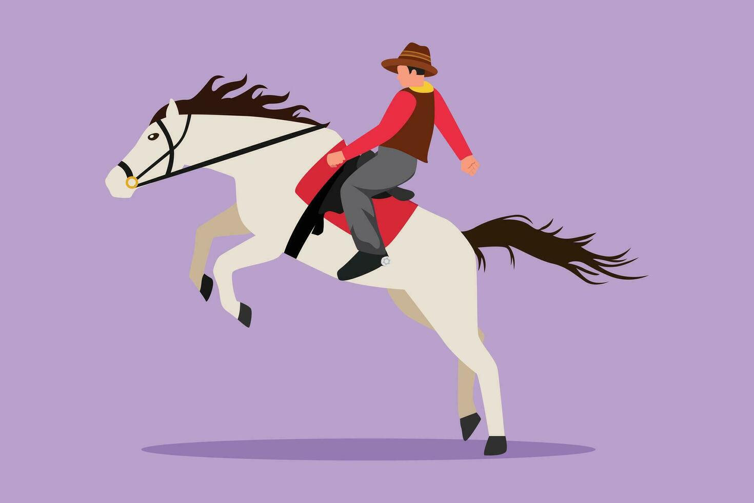 Character flat drawing strong and brave cowboy riding bucking bronco at sunset. Rodeo cowboy at horse ranch. Wild horse race. Cute cowboy taming wild horse at rodeo. Cartoon design vector illustration