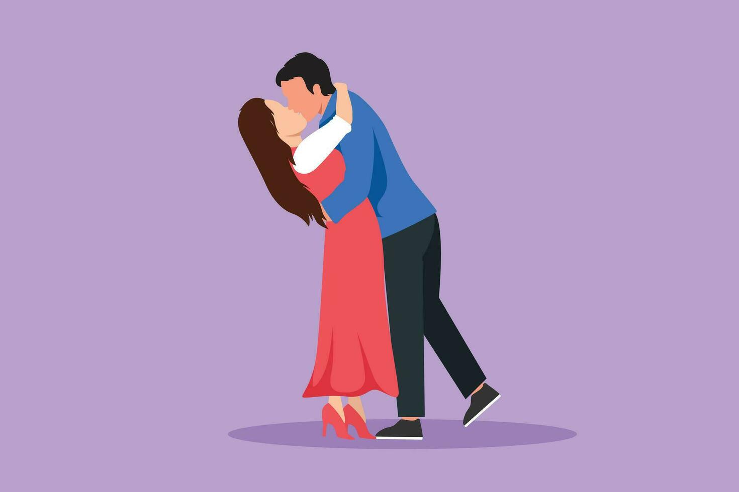 Graphic flat design drawing cheerful boy and girl in love kissing. Couple lovers kissing and hugging each other. Happy man and woman celebrating wedding anniversary. Cartoon style vector illustration