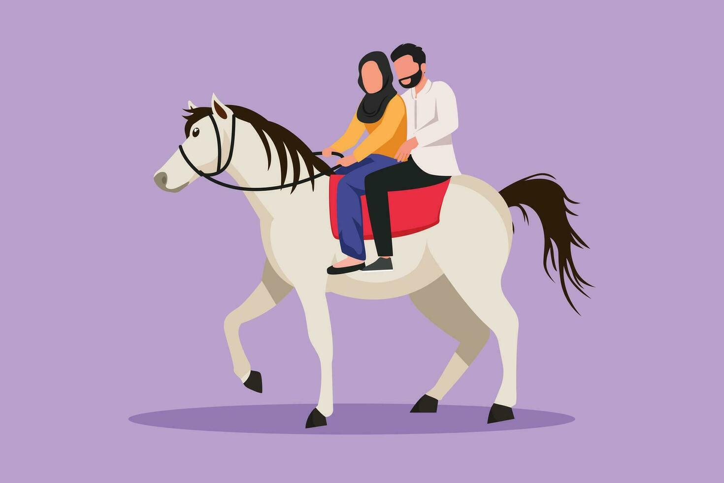 Graphic flat design drawing romantic Arab couple in love horseback riding. Happy handsome man and pretty woman getting ready for wedding. Engagement, love relation. Cartoon style vector illustration
