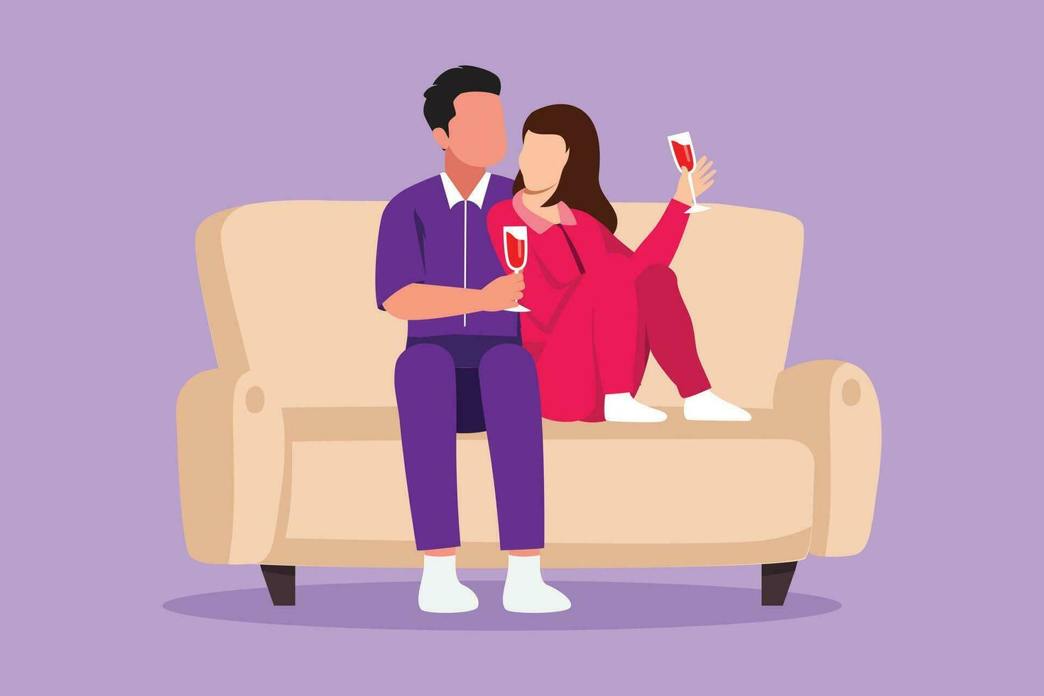 Graphic flat design drawing romantic couple sitting on sofa, talking and drinking coffee. Happy man and woman have relaxing day off at living room. Romance and love. Cartoon style vector illustration