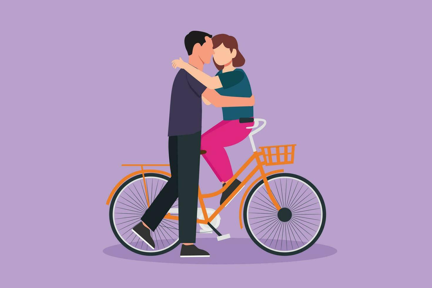 dibujos animados plano estilo dibujo romántico Pareja sentado en bicicleta y besos cada otro. amor relaciones, amor historia, recién casado familia en Luna de miel de viaje aventura. gráfico diseño vector ilustración