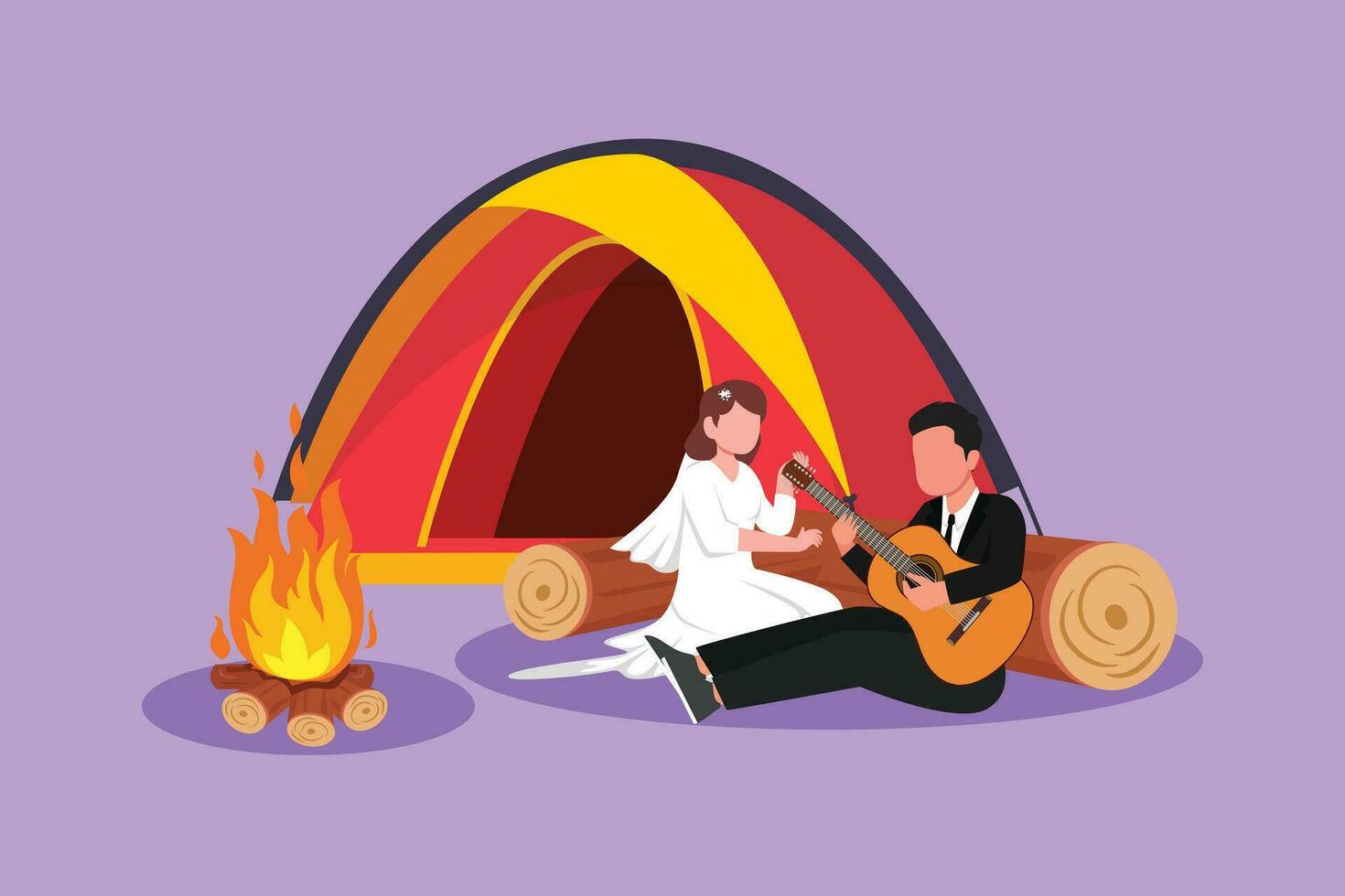 dibujos animados plano estilo dibujo de casado Pareja con Boda vestir sentado por hoguera siguiente a acampar carpa. hombre jugando música en guitarra, niña escucha y canto juntos. gráfico diseño vector ilustración