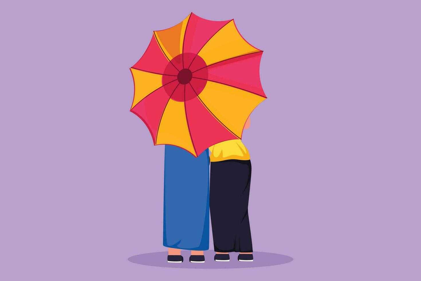 Character flat drawing back view of young couple man and woman, cute girl and boy walking holding umbrella under rain. Romantic Arab couple at rainy autumn weather. Cartoon design vector illustration