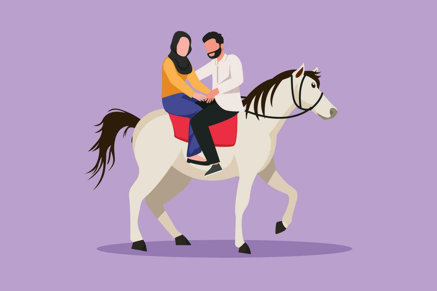 Character flat drawing romantic Arab couple in love riding horse and looking face to face. Happy cute couple getting ready for wedding. Engagement and love relation. Cartoon design vector illustration