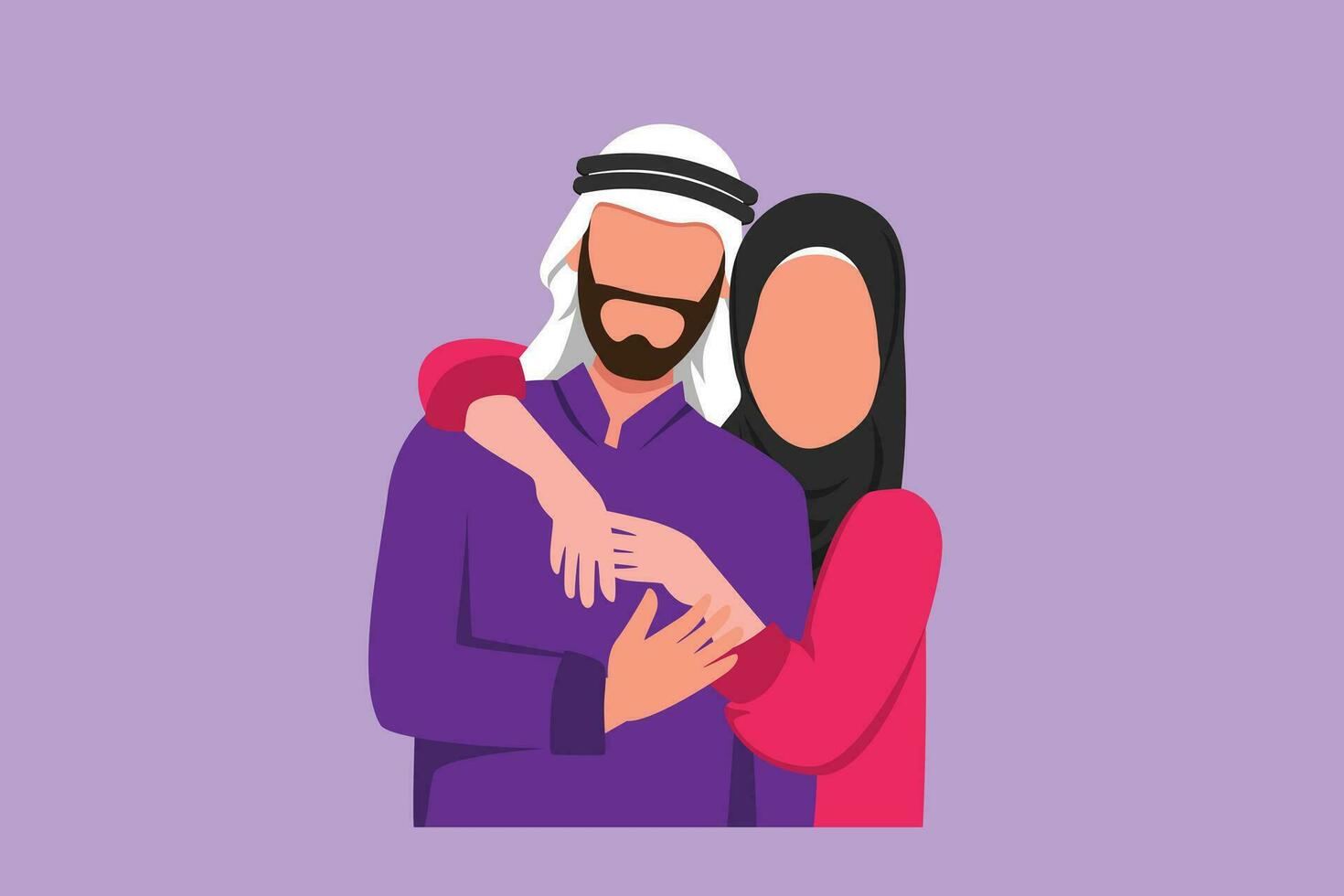 personaje plano dibujo de amantes hombre y mujer abrazando cada otro. contento familia. romántico Pareja en relación en amor. árabe masculino abrazando su bonito novia. dibujos animados diseño vector ilustración