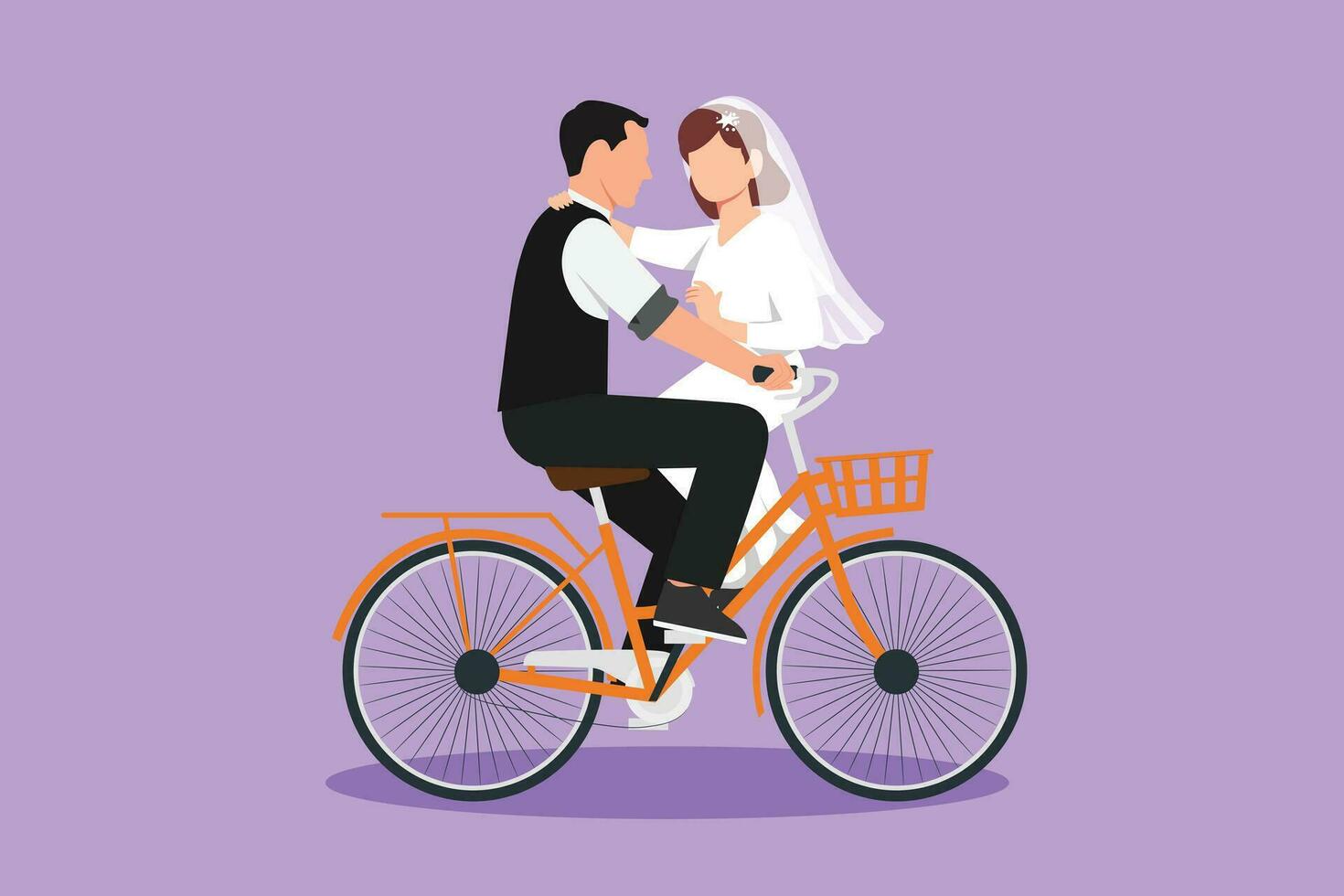 Character flat drawing happy married man and woman riding bicycle face to face in wedding day. Cute romantic couple is riding bicycle together. Happy couple on bike. Cartoon design vector illustration