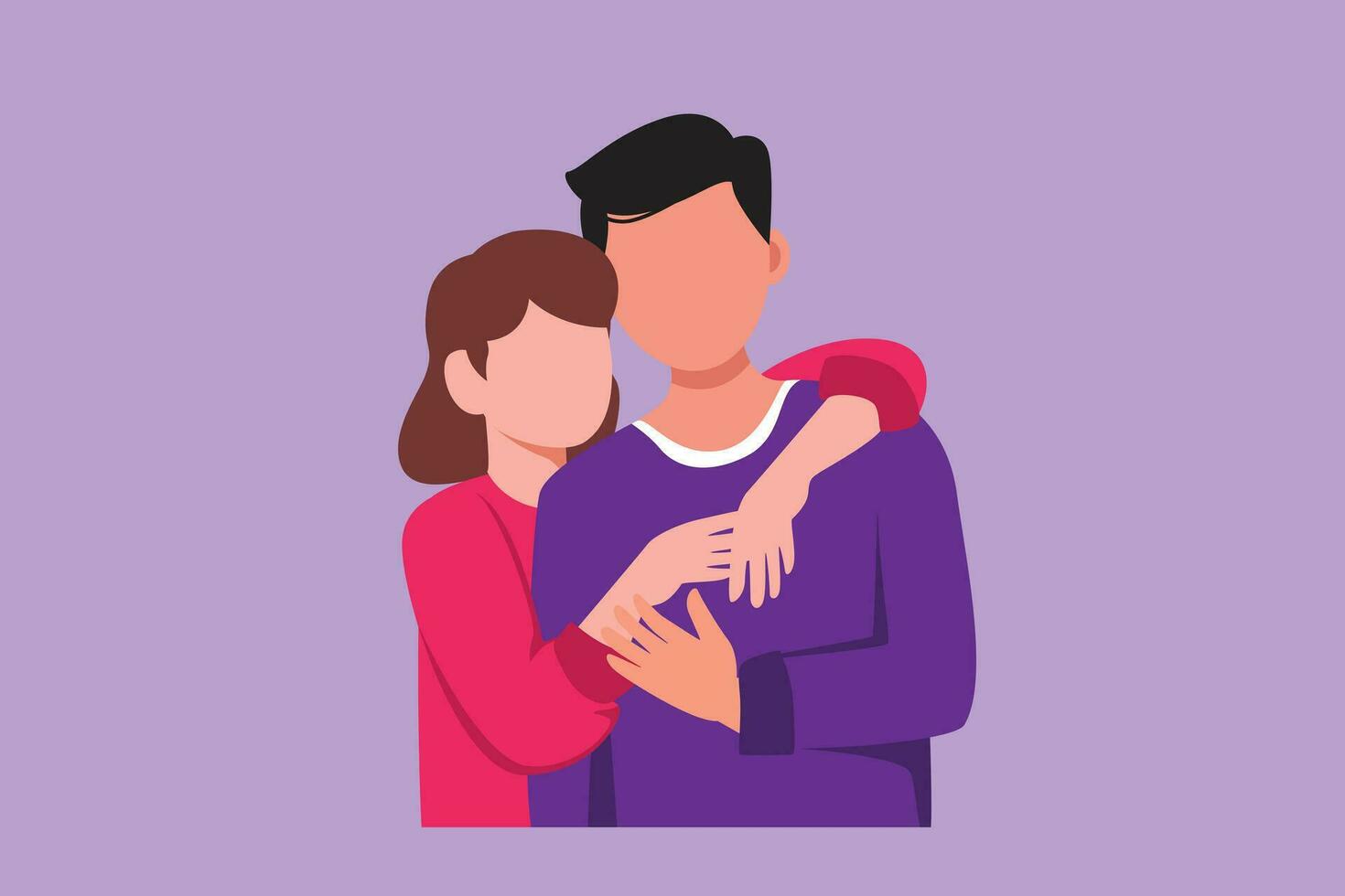 Graphic flat design drawing lovers man and woman hugging each other. Happy family. Romantic couple in relationship in love. Cheerful male hugging his cute girlfriend. Cartoon style vector illustration