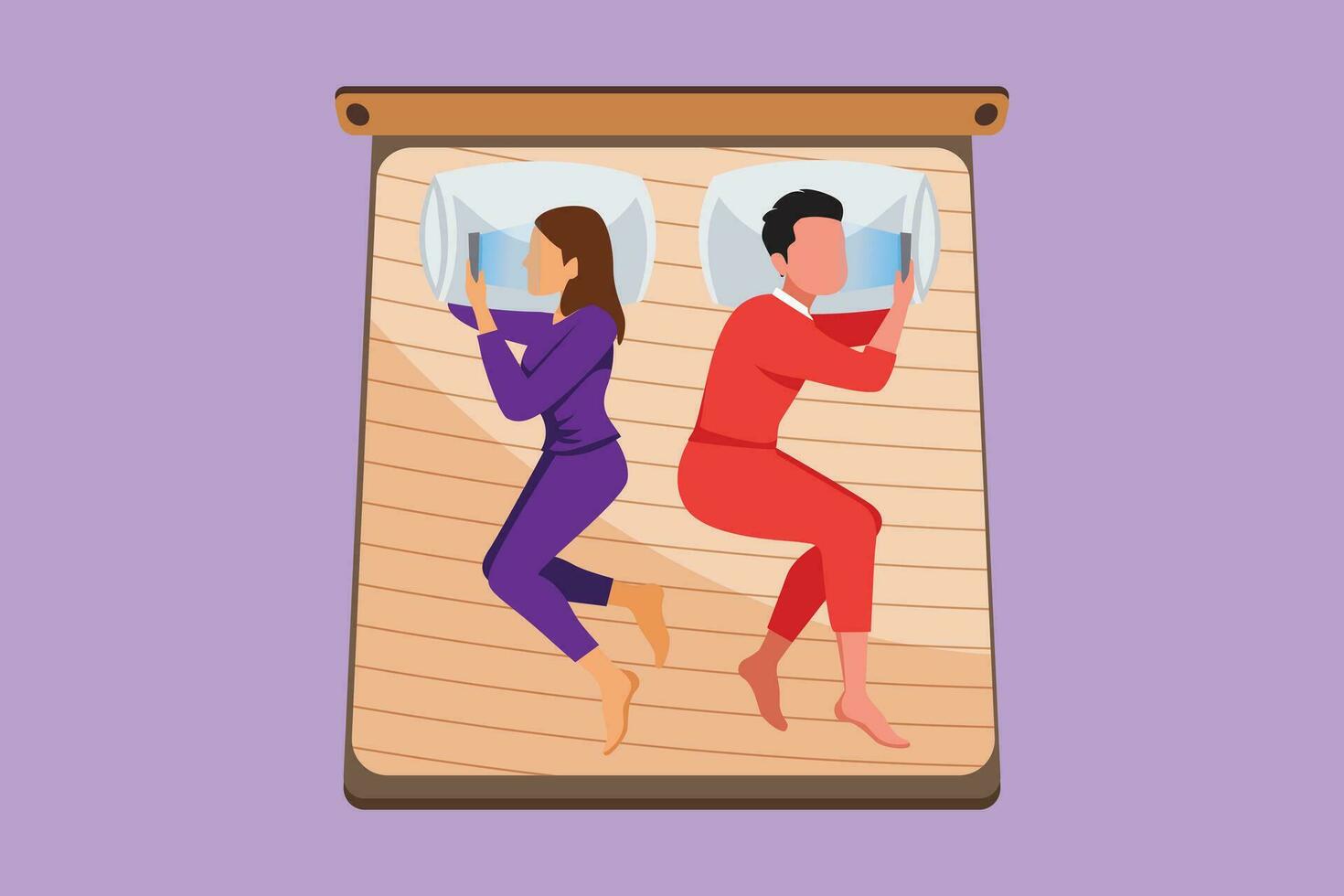 Cartoon flat style drawing marriage couple lying turn their backs on each other on bed, using smartphone, social network addiction, relation problem with technology. Graphic design vector illustration