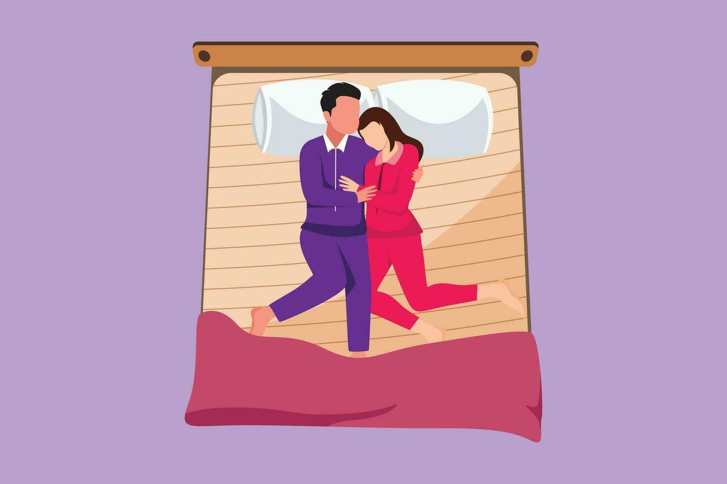 Cartoon flat style drawing male and female couple embracing affectionately in bed, man and woman sleeping on bed while hugging lovingly, cute sleeping pose of lover. Graphic design vector illustration
