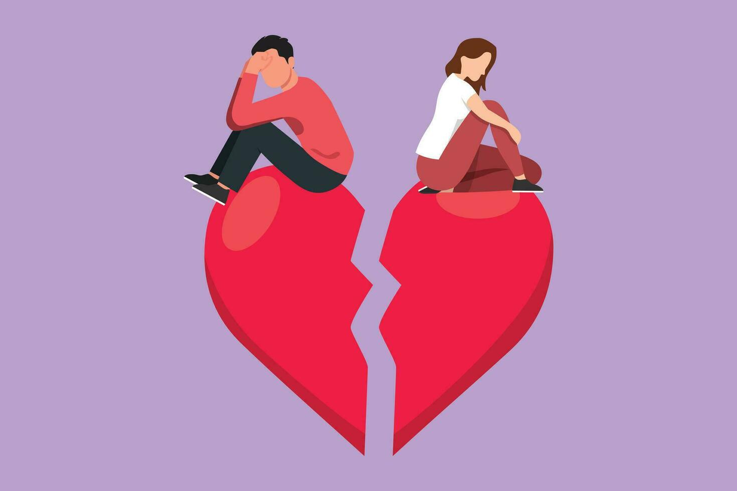 Graphic flat design drawing relationship break up, broken heart, couple facing opposite direction. Handsome man and beautiful woman sitting on big broken heart shape. Cartoon style vector illustration