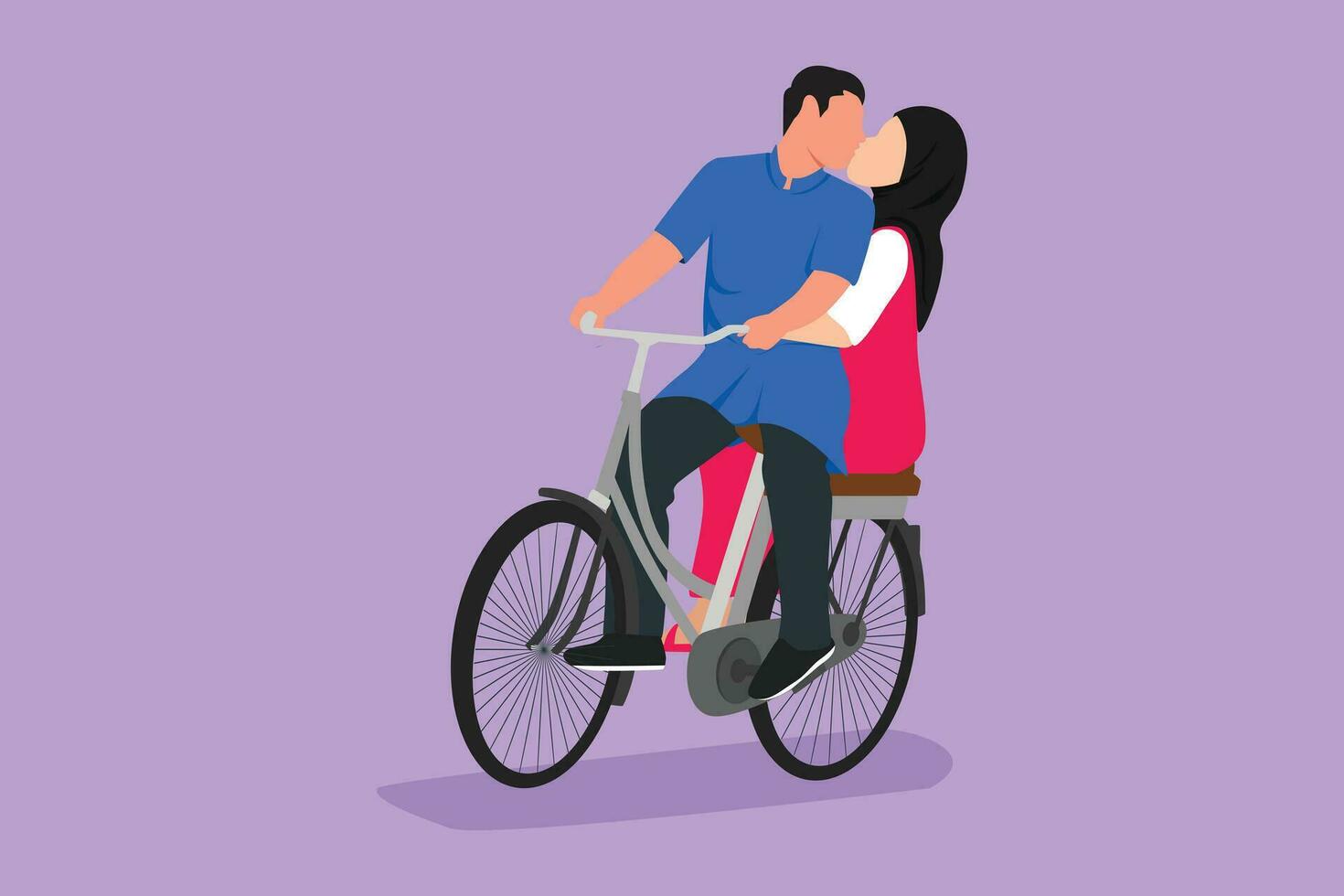 personaje plano dibujo joven amoroso árabe Pareja ciclismo, besos cada otro. romántico humano relación, amor historia, recién casado familia en Luna de miel de viaje aventura. dibujos animados diseño vector ilustración