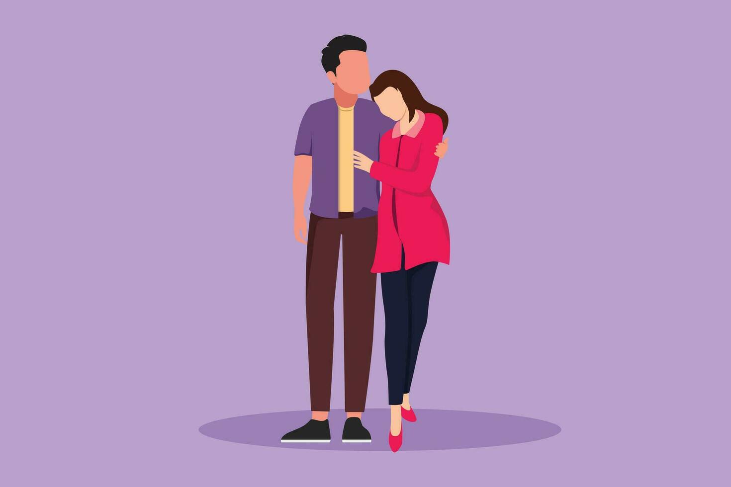 Cartoon flat style drawing young couple man and woman in love by hugging each other. Romantic couple in love spending time together outdoors. Happy family concept. Graphic design vector illustration