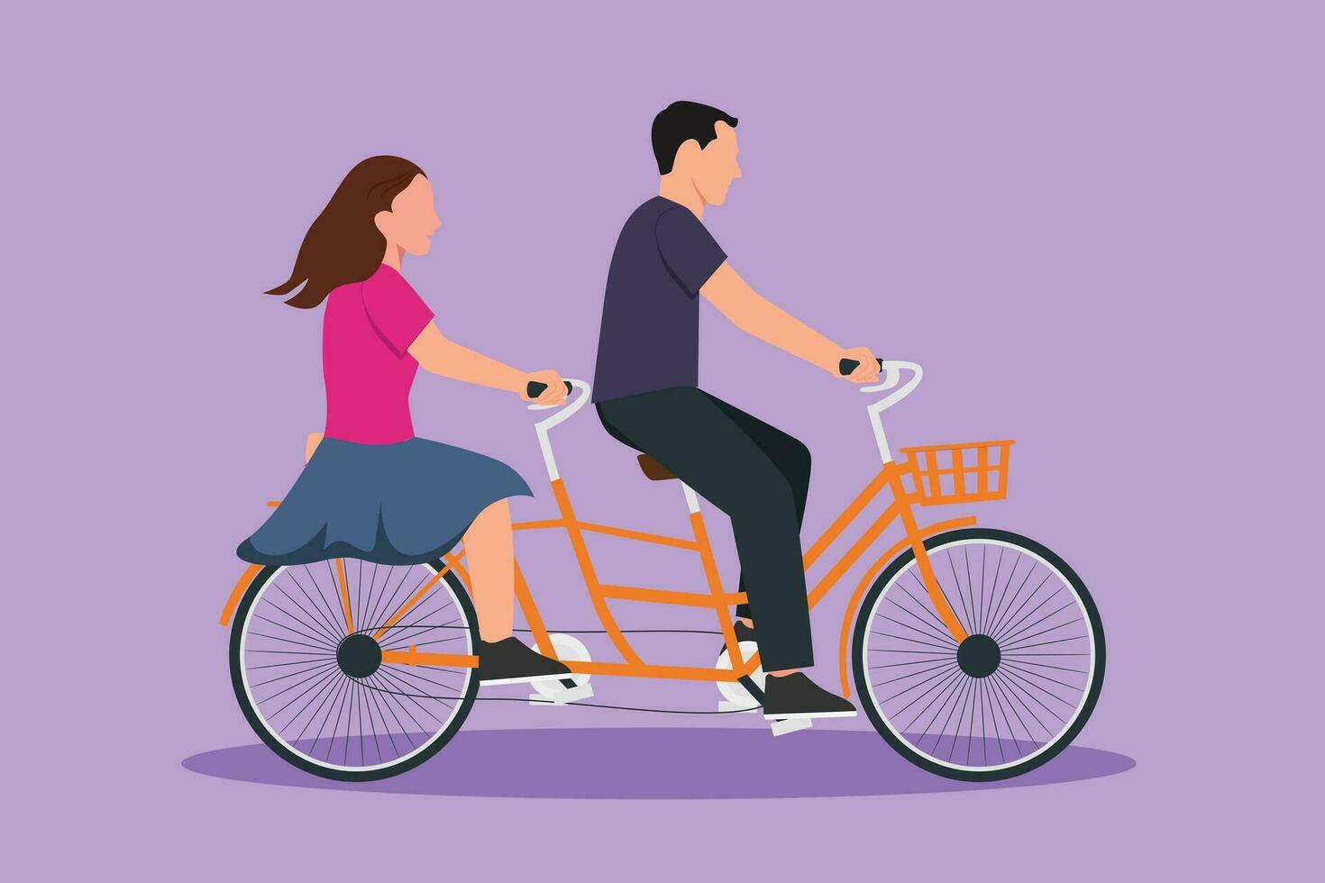 Cartoon flat style drawing of romantic couple riding bicycle together. Happy couple is riding tandem bicycle. Happy family. Intimacy celebrates wedding anniversary. Graphic design vector illustration