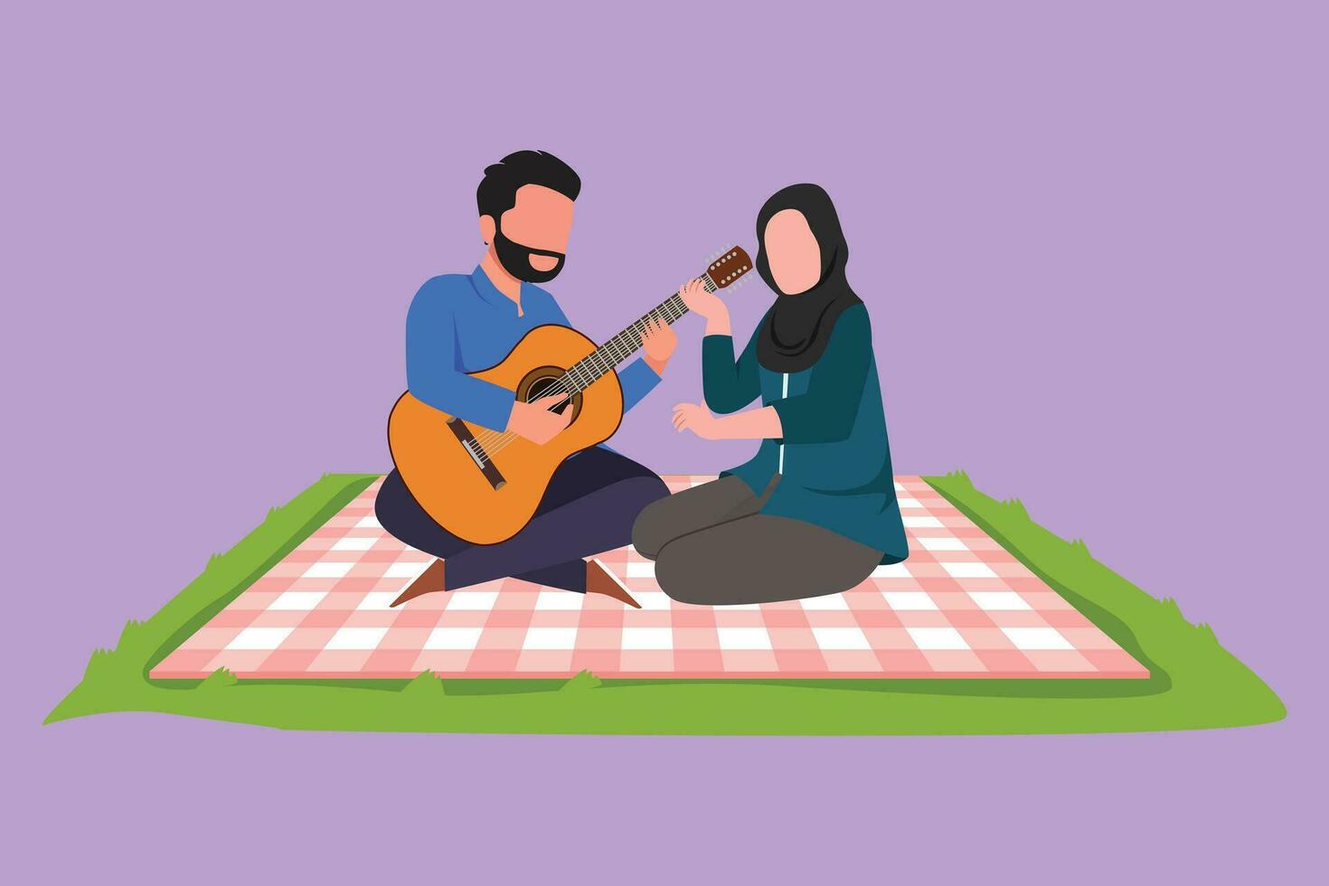 Graphic flat design drawing romantic Arab couple of lovers has picnic on nature park. Man playing music on guitar, pretty girl listening and singing a song together. Cartoon style vector illustration