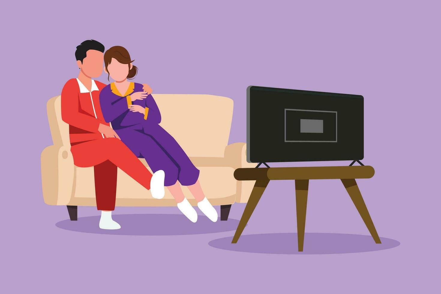 Character flat drawing cheerful couple watching TV together sitting on sofa. Happy man and pretty woman relaxing in living room. Romantic couple having fun together. Cartoon design vector illustration