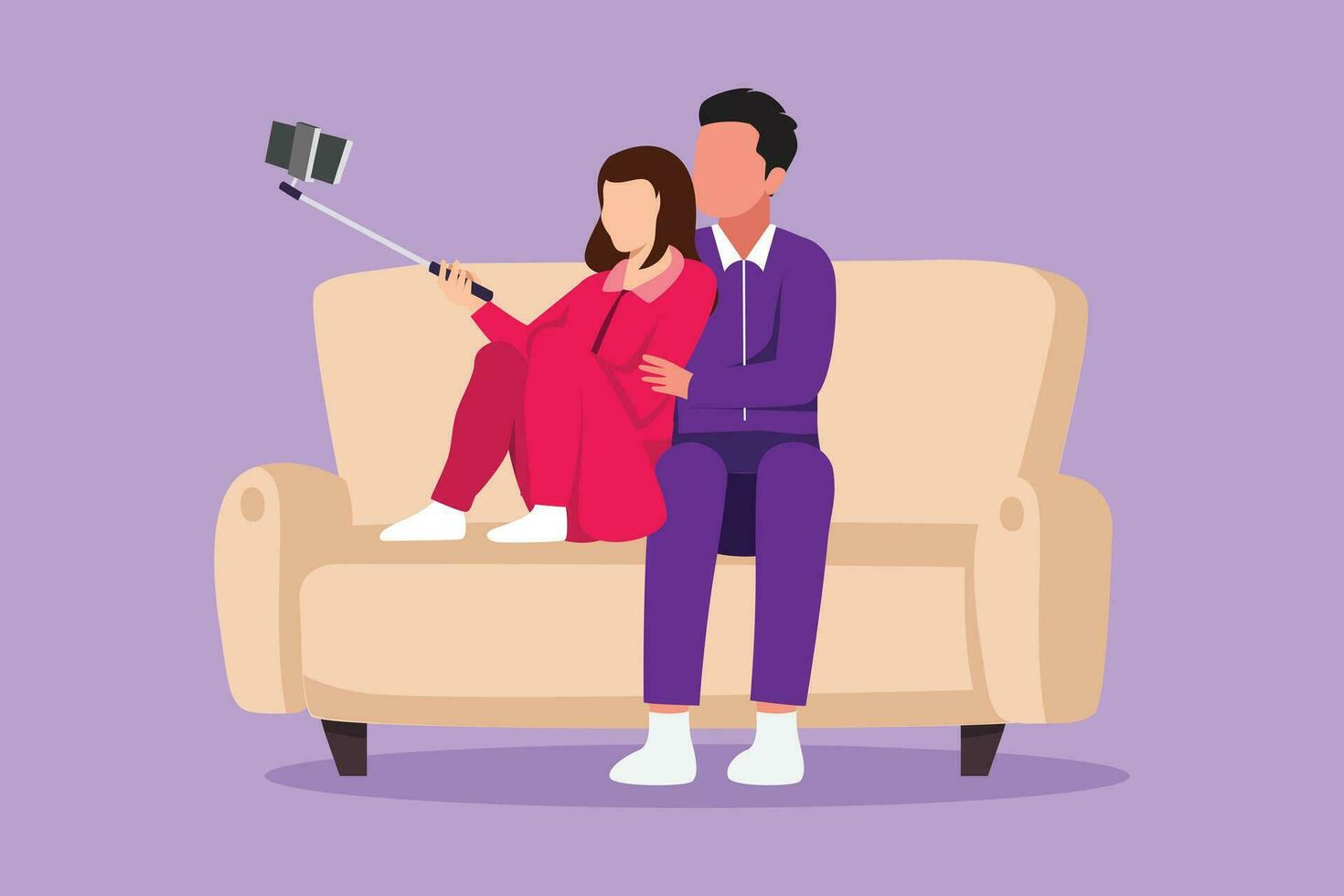 Cartoon flat style drawing man and woman take selfie on smartphone with monopod. Happy couple seat on sofa, making photo together on mobile phone with selfie stick. Graphic design vector illustration