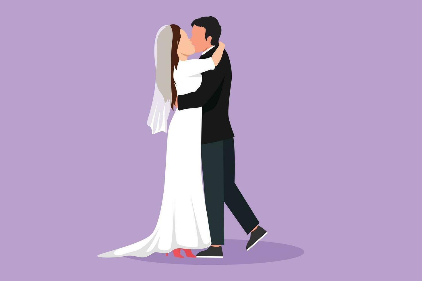 Graphic flat design drawing loving married couple kissing, hugging and holding hands. Happy man wearing suit and pretty woman with dress in wedding celebration party. Cartoon style vector illustration