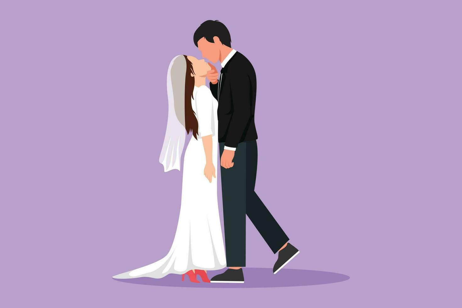 Cartoon flat style drawing dominant relationship of human. Married couple in love kissing and hugging. Happy handsome man and beautiful woman in wedding celebration. Graphic design vector illustration