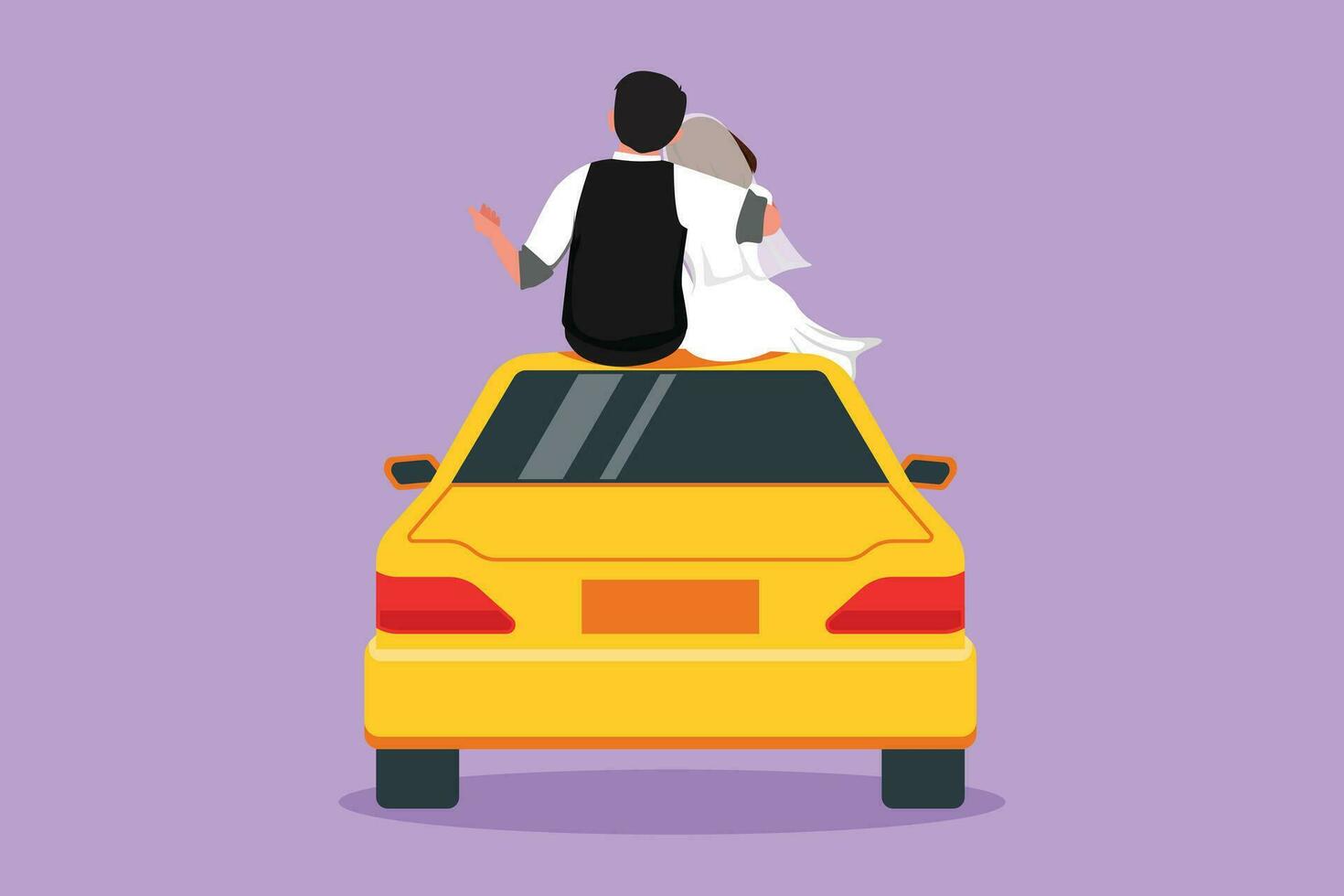 Graphic flat design drawing happy married lovers hugging sitting on roof of car and look at romantic scenery. Man and woman with beauty dress celebrate wedding party. Cartoon style vector illustration