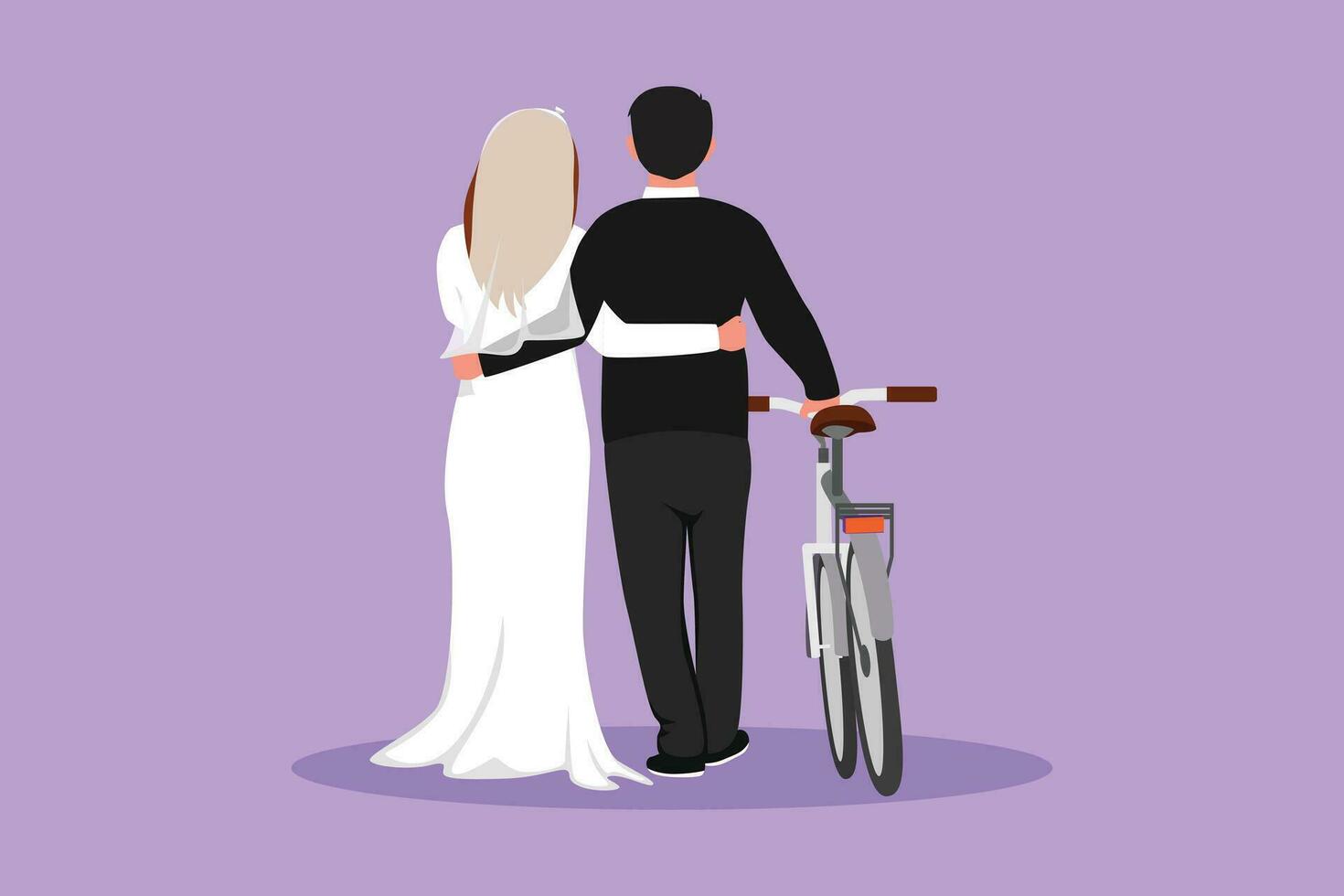 Graphic flat design drawing back view of romantic married couple with bicycle walking in park on sunny autumn day. Man and beautiful woman in love with wedding dress. Cartoon style vector illustration