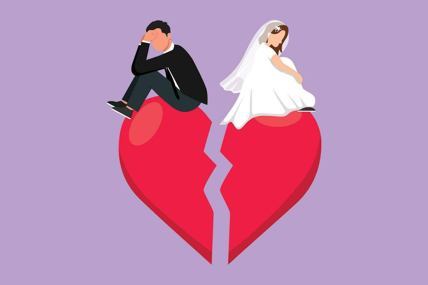 Graphic flat design drawing of relationship break up, broken heart, couple facing opposite direction. Married couple man and woman sitting on big broken heart shape. Cartoon style vector illustration