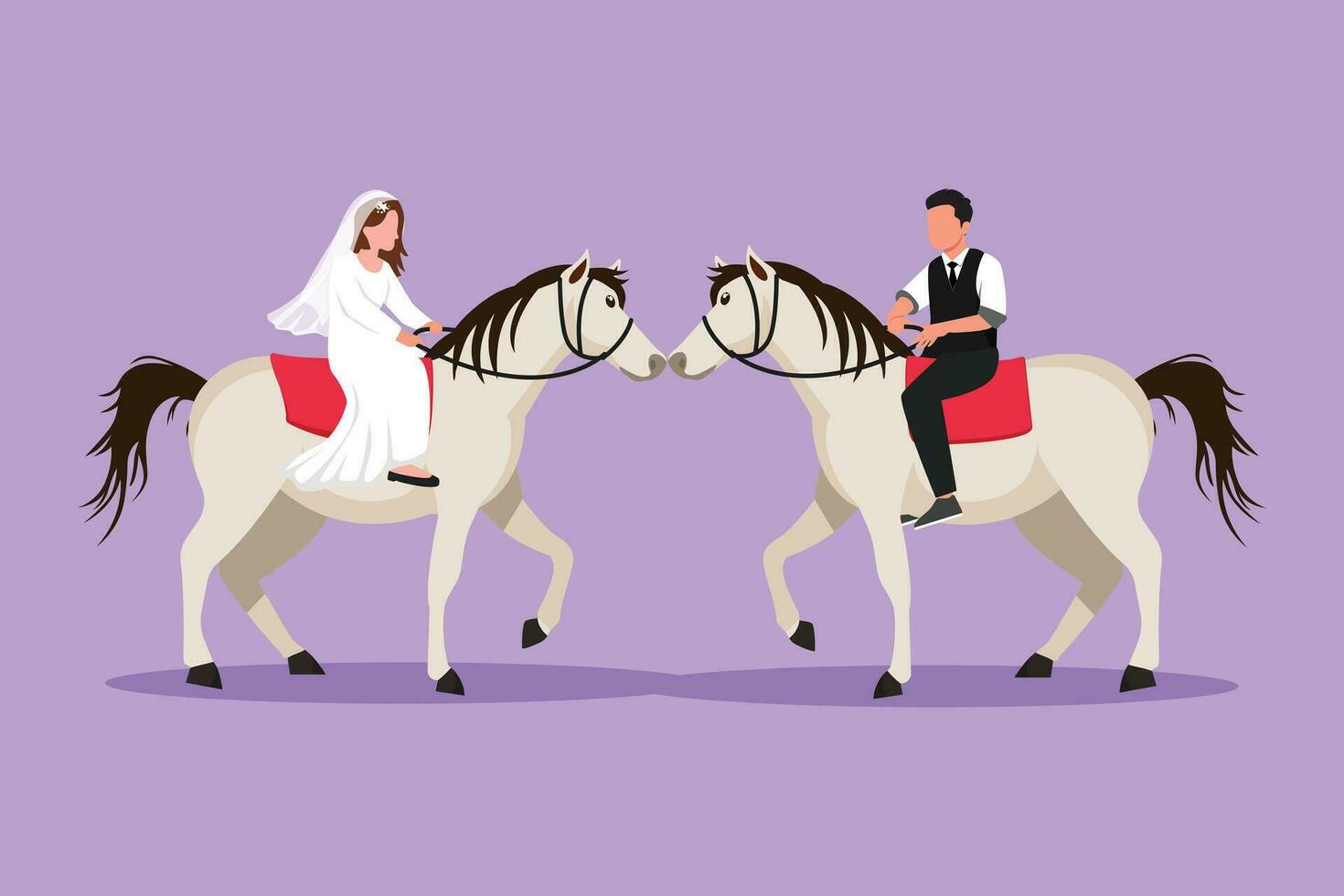 Character flat drawing of romantic married couple in love riding horse at desert. Happy man and woman ride horse wearing wedding dress. Engagement and love relation. Cartoon design vector illustration