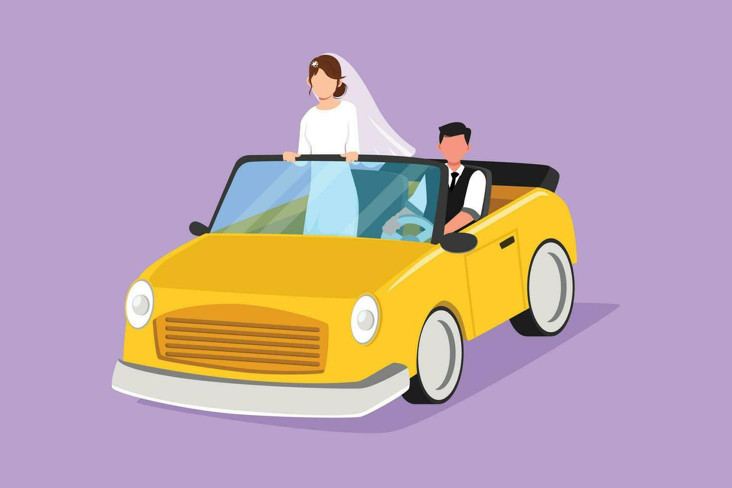 gráfico plano diseño dibujo contento casado Pareja montando coche yendo en la carretera viaje. hombre y linda mujer con Boda vestir conducción en cabriolé coche yendo a Boda fiesta. dibujos animados estilo vector ilustración