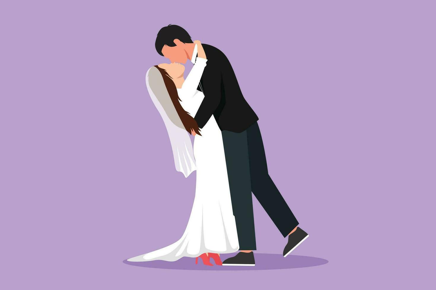 Character flat drawing loving married couple kissing and hugging. Cute young romantic couple lovers kissing. Happy man and beautiful woman prepare for wedding party. Cartoon design vector illustration