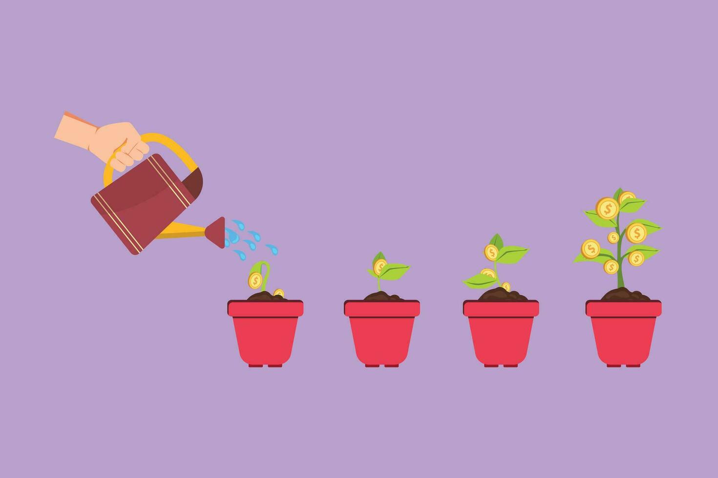 Cartoon flat style drawing hand with can watering money plant in pot logo, icon, symbol. Step of coin stacks, money saving and investment or family planning concept. Graphic design vector illustration