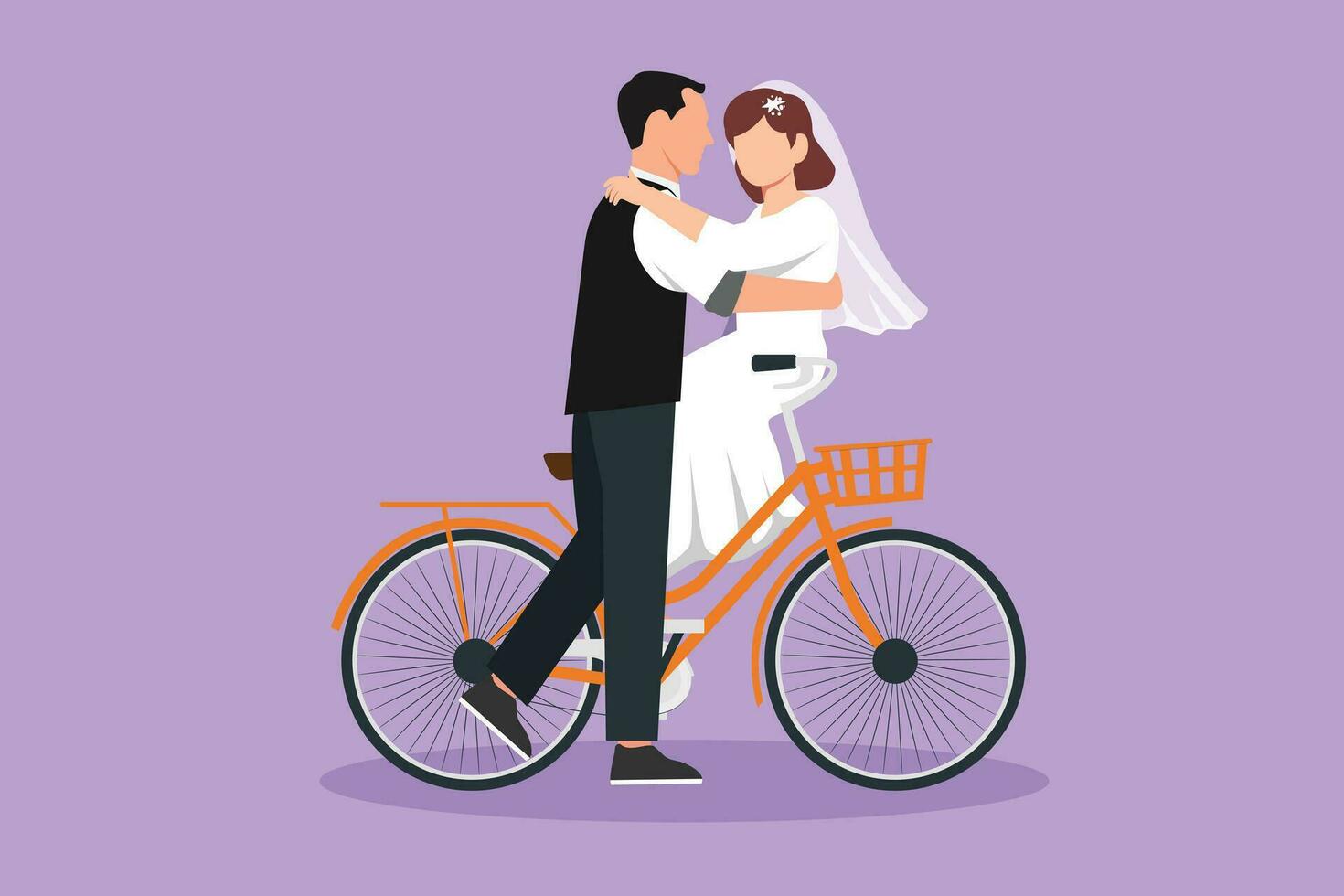 Graphic flat design drawing of loving married couple, man and woman sitting on bicycle and kissing. Romantic human relation, love story, newlywed family in honeymoon. Cartoon style vector illustration