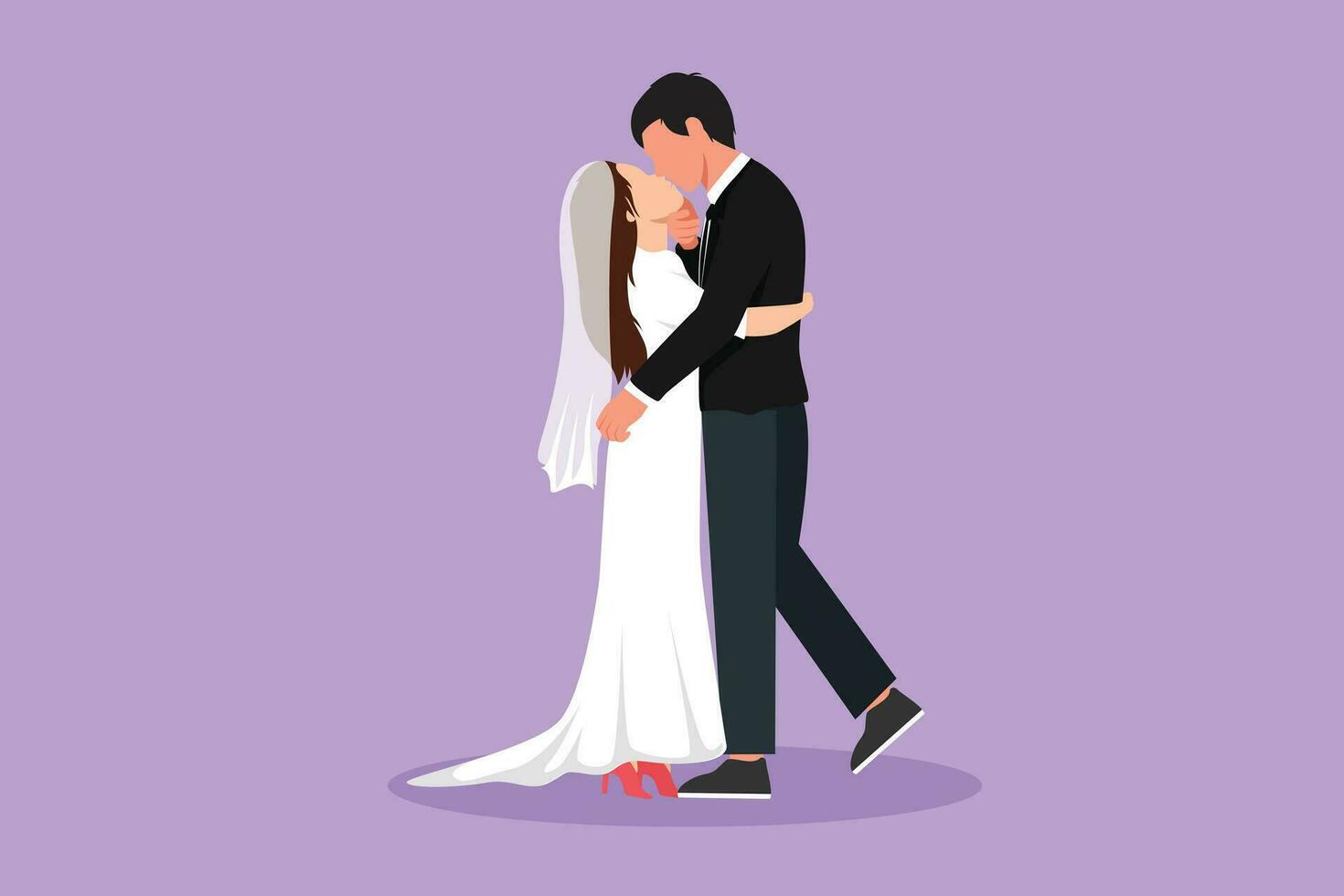 dibujos animados plano estilo dibujo linda casado Pareja en amor besos y abrazando contento romántico hombre vistiendo traje y bonito mujer con vestir en Boda celebracion fiesta. gráfico diseño vector ilustración