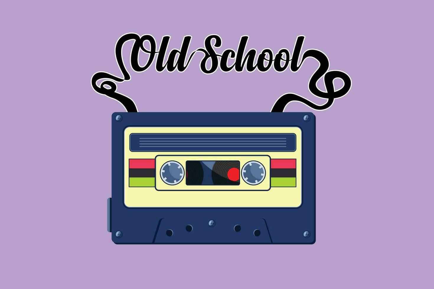 gráfico plano diseño dibujo antiguo colegio eslogan con casete cinta icono, logo, etiqueta. audio casete con retro símbolo aislado en azul antecedentes. Clásico música icono. dibujos animados estilo vector ilustración