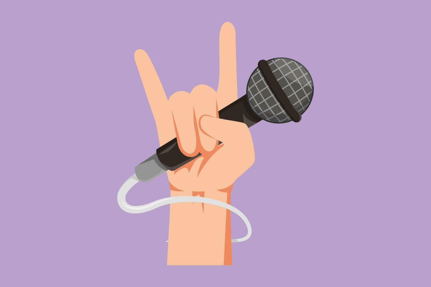 Cartoon flat style drawing rock hand gesture holding microphone with live rock caption logo icon. Rock and roll music live concert or party poster or flyer concept. Graphic design vector illustration