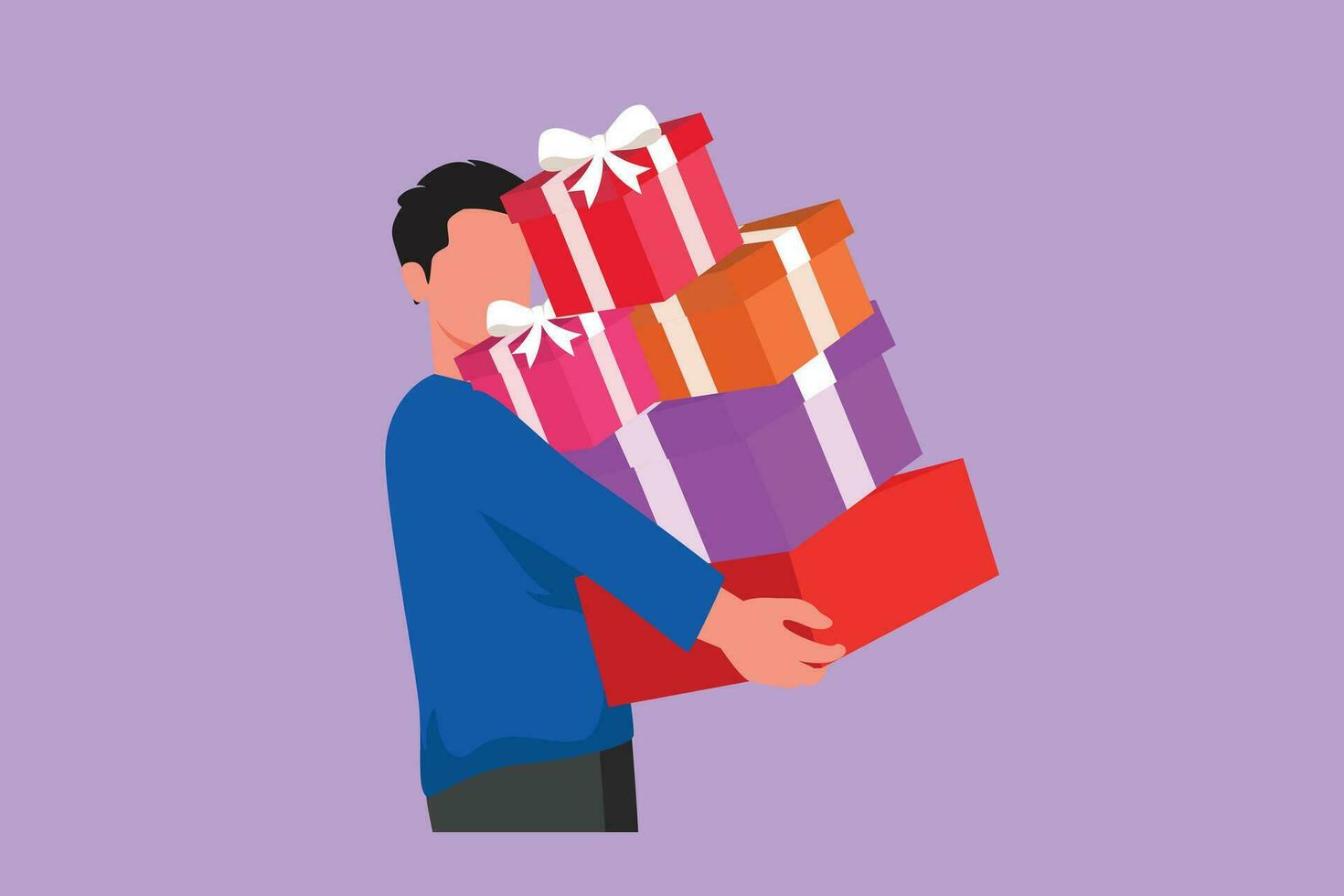 personaje plano dibujo retrato de chico que lleva apilar de envuelto regalos caja aislado en azul antecedentes. joven hombre participación enorme apilar nuevo año regalos logo, símbolo. dibujos animados diseño vector ilustración