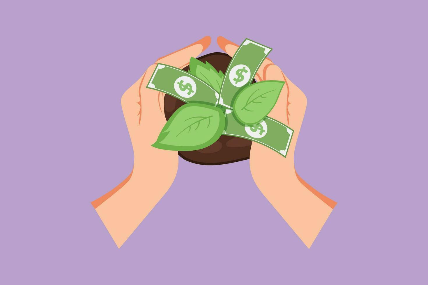 Graphic flat design drawing two hands carrying bag of potting money seedlings to be planted into soil. Money, saving and investment or family planning logo, symbol. Cartoon style vector illustration